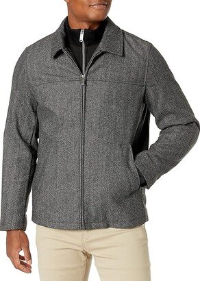 Wool Blend Open Bottom Jacket with Quilted Bib (Charcoal Herringbone) Men's Coat