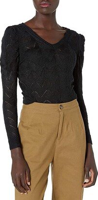 Women's V-Neck Puff Sleeve Sweater (Black) Women's Sweater