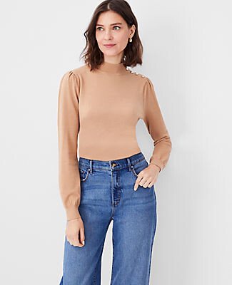 Shoulder Button Mock Neck Sweater