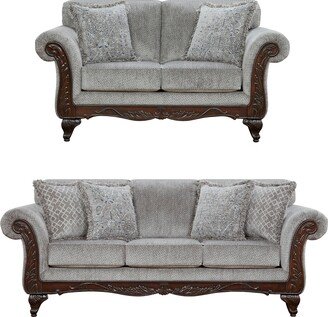 Hernen Carved Wood Frame Gray Sofa and Loveseat Set