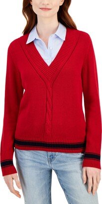 Women's Cable-Knit Contrast-Trim V-Neck Sweater - Chili Peppper/ Ivory/ Cornflower Blue/ W