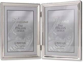 Polished Silver Plate Hinged Double Picture Frame - Bead Border Design - 5 x 7