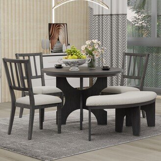 EDWINRAY 5-Piece 44 Round Dining Table Set, w/Curved Bench & 4 Side Chairs