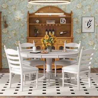 EYIW 5-Piece Retro Functional Dining Table Set, Wood Round Extendable Dining Table and 4 Upholstered Dining Chairs