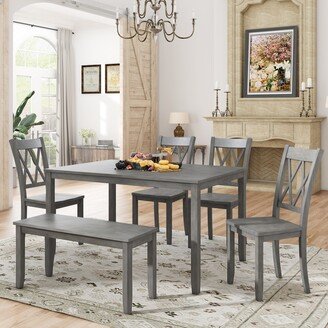 EDWINRAY 6-piece Solid Wood Kitchen Table Set, 54 Farmhouse Rustic Style Dining Table with 4 Cross Back Chairs & Multifunctional Bench-AA
