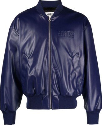 Numbers-Embroidered Faux-Leather Bomber Jacket