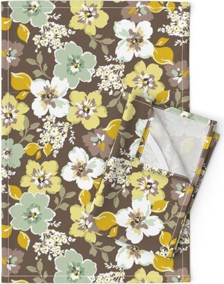 Watercolor Floral Tea Towels | Set Of 2 - Wilderness By Eilish Design Sage Yellow Brown Linen Cotton Spoonflower