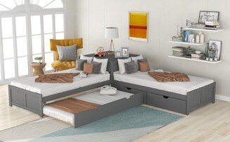 Twin Size L-shaped Platform Bed with Trundle and Drawers