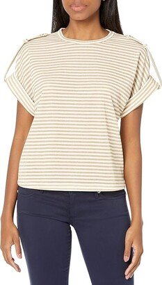 Stripe Snap Epaulette T-Shirt (White/Gold) Women's Clothing