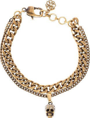 Woman's Pave Double Chain Metal Bracelet With Skull Detail