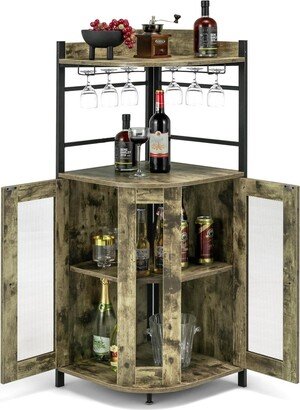 Corner Bar Cabinet Industrial Liquor Wine Cabinet with Glass Holder & Mesh Doors