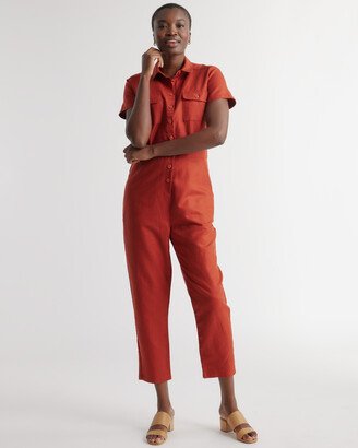 Cotton Linen Twill Short Sleeve Coverall Jumpsuit