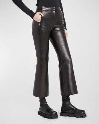 Flared Leather Trousers with Zip Pockets