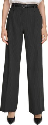 Petite Pinstripe Belted Wide-Leg Pants - Black/Cream