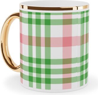 Mugs: Pink, Green, And White Plaid Ceramic Mug, Gold Handle, 11Oz, Green