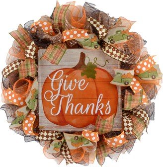 Give Thanks Wreath, Pumpkin Thanksgiving Deco Mesh Front Door Wreath; Brown Orange Burlap