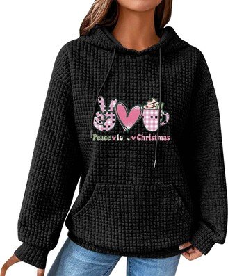 Generic Merry Christmas Sweatshirt for Women Casual Long Sleeve Drawstring Pullover Tops Loose Hooded Sweatshirt (Black-1