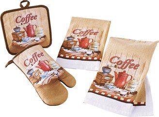 Collections Etc Coffee Lover Kitchen Set Includes an Oven Mitt, Pot Holder and Two Hand Towels - Set of 4