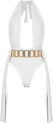 Antoninias Plonger Bodysuit With Decorative Squera Belt In White