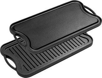 20X10 2-In-1 Cast Iron Skillet Rectangle Roasting Pan With Reversible Griddle, Black
