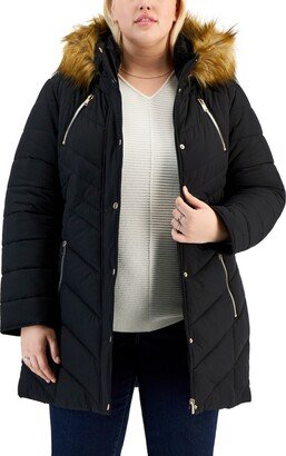 Juniors' Trendy Plus Size Faux-Fur-Trim Hooded Puffer Coat, Created for Macy's