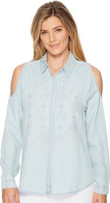 Junior's Cold Shoulder Embroidered Chambray Long Sleeve Shirt