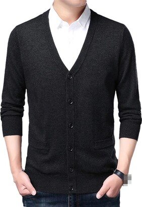Vsadsau Men's Spring Autumn Knitted Cardigan Sweater V-Neck Solid Color Single-Breasted Jacket Black gray9 2XL