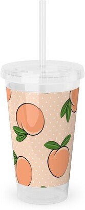 Travel Mugs: Peachy Polka Dots - Peach Acrylic Tumbler With Straw, 16Oz, Orange