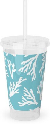 Travel Mugs: Coral - Turquoise Acrylic Tumbler With Straw, 16Oz, Blue