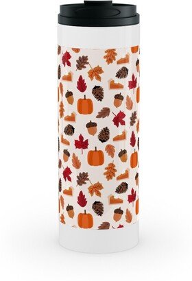 Travel Mugs: Autumn Leaves And Pumpkin Pie - Multi Stainless Mug, White, 16Oz, Multicolor