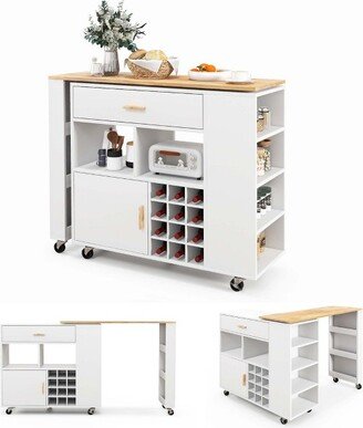 Reversible Folding Kitchen Island Cart Utility Storage Trolley Wine Rack Shelves White