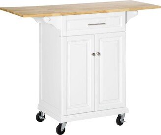 HOMCOM Kitchen Island Trolley Cart on Wheels with Drop Leaf Drawer Cabinet Towel Racks Versatile Use Natural Wood Top and White