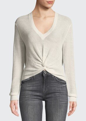 Soren Twist-Front V-Neck Long-Sleeve Rib Sweater