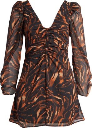 Tiger Print Ruched Long Sleeve Dress