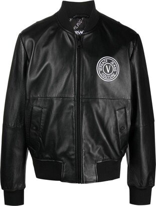 Logo-Embroidered Leather Jacket-AA