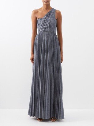 One-shoulder Pleated Lamé-jersey Gown