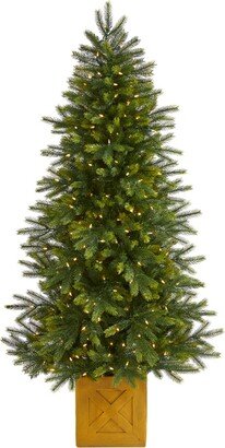 Manchester Fir Artificial Christmas Tree In Decorative Planter with Lights and Bendable Branches, 72