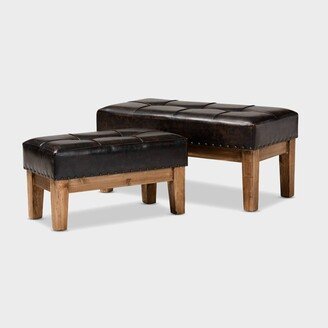 2pc Lenza Faux Leather Wood Ottoman Set Brown