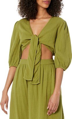 Women's Natasha Gauze Cropped Tie Front Puff Sleeve Top