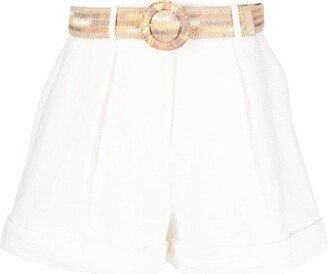 Belted Pleated Cotton Shorts