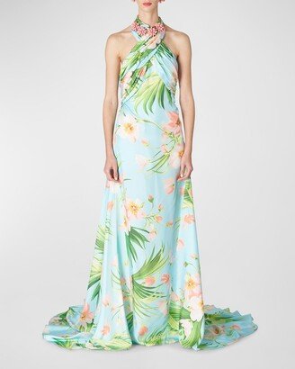 Gathered Floral-Print Halter Gown