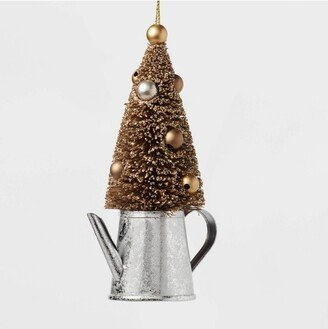 Metal Watering Can with Bottle Brush Tree Christmas Tree Ornament Silver/Brown - Wondershop™