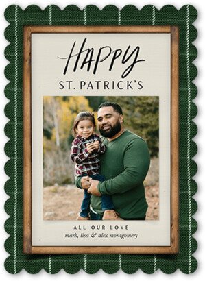 St. Patrick's Day Cards: Rustic Tartan St. Patrick's Day Card, Green, 5X7, Pearl Shimmer Cardstock, Scallop