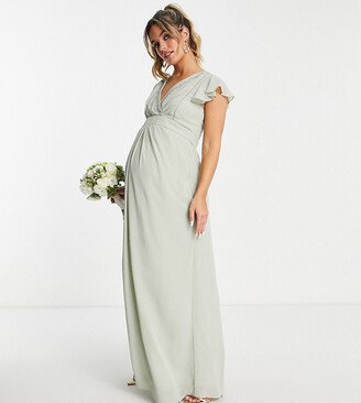 TFNC Maternity Bridesmaid flutter sleeve ruffle detail dress in light sage