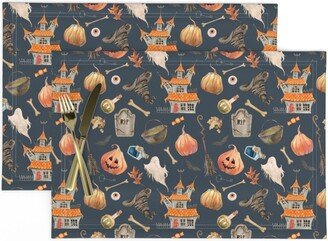 Vintage Halloween Placemats | Set Of 2 - Boo's House By Hipkiddesigns Ghosts Pumpkins Cauldron Potion Bats Cloth Spoonflower