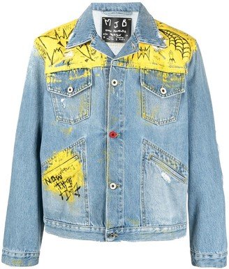 Graffiti-Print Distressed Denim Jacket