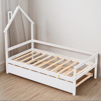 JASIWAY Twin Wooden Daybed with Trundle and Guardrails