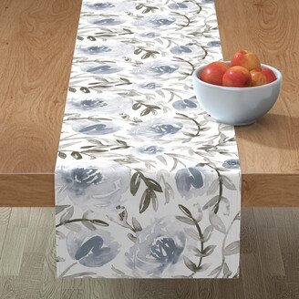 Table Runners: Watercolor Floral - Blue And Taupe Table Runner, 90X16, Blue