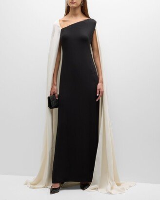 Asymmetric-Neck Contrast Cape Gown