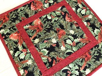 Elegant Christmas Quilted Table Runner, Cardinals Topper, Bird Lover Gift, Halloween Runner